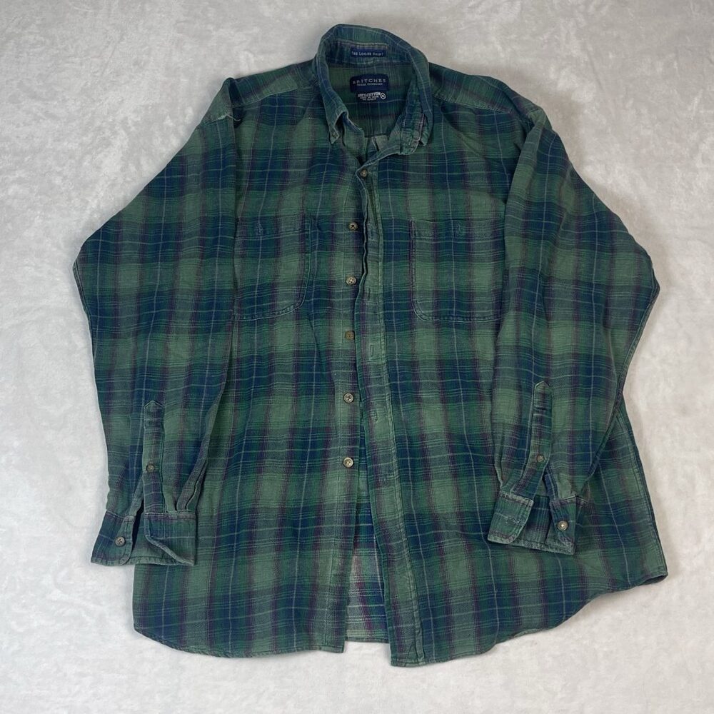 Britches Great Outdoors Men's Green Plaid Flannel Shirt Size XL Long Sleeve